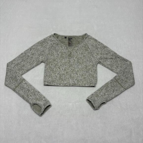 Gymshark Fleur Texture Long Sleeve Crop Keyhole Top XS Khaki Marl Thumbholes - Picture 2 of 9